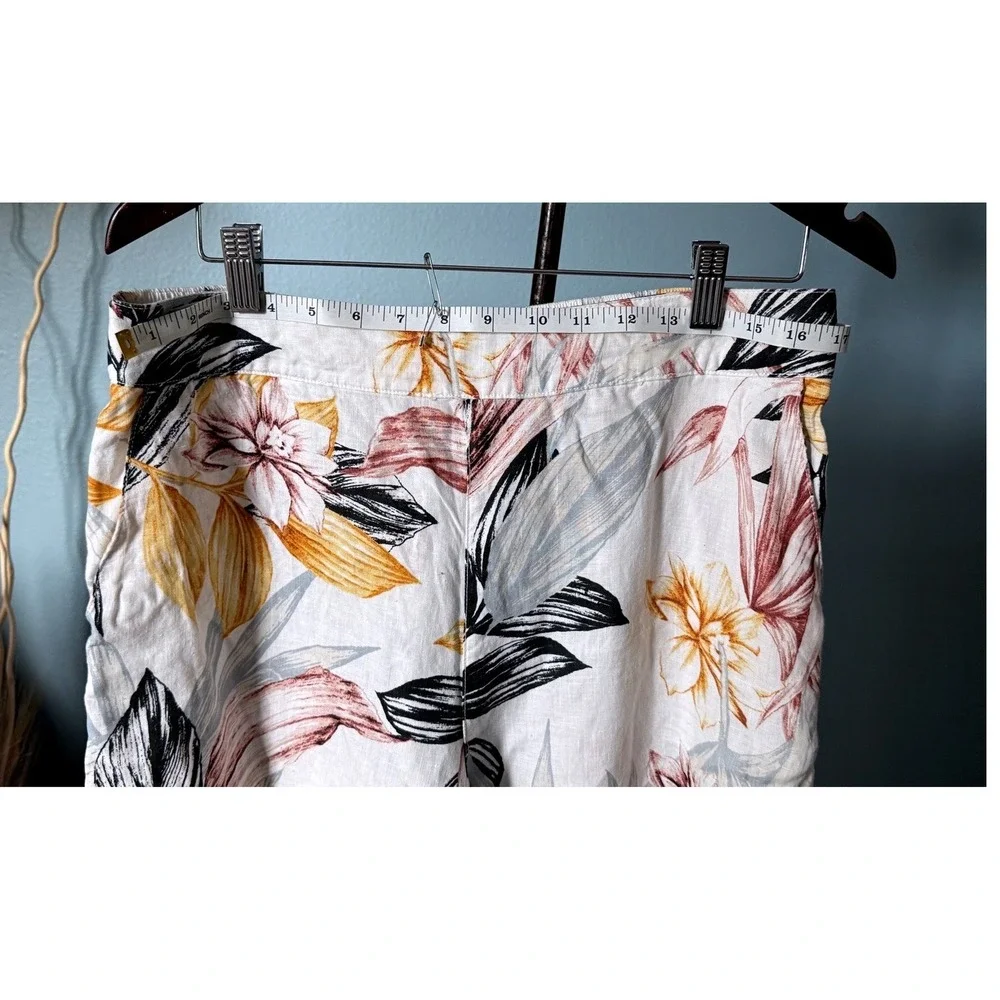 Linen Cropped Wide Leg Resort Pants Tropical‎ Floral Size L Coastal Boho